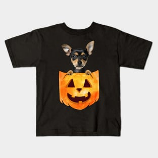 German Pinscher Dog In Pumpkin Pocket Halloween Kids T-Shirt